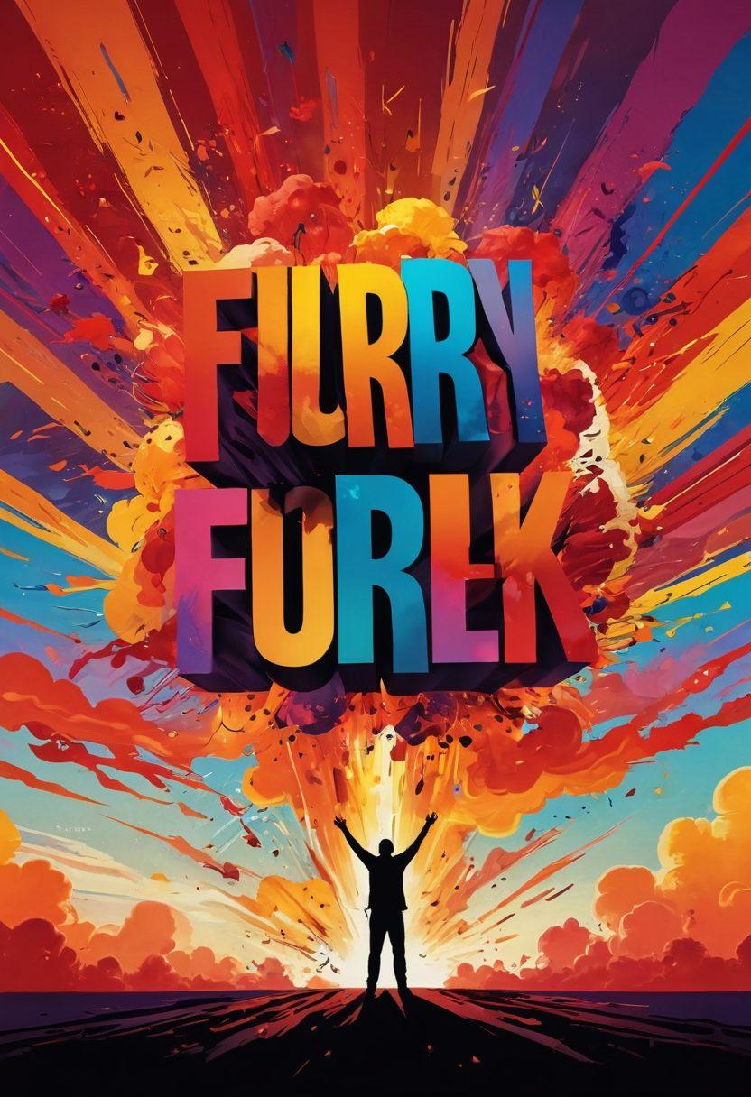 A vibrant scene depicting a fiery explosion of colorful words like 'Fury', 'Rage', and 'Release' in various fonts, with a character in the foreground joyfully shouting them into the sky, symbolizing the cathartic release of emotions. The background features abstract swirling clouds in shades of red, orange, and yellow, embodying intense feelings. super-realistic. vibrant colors. expressive typography.
