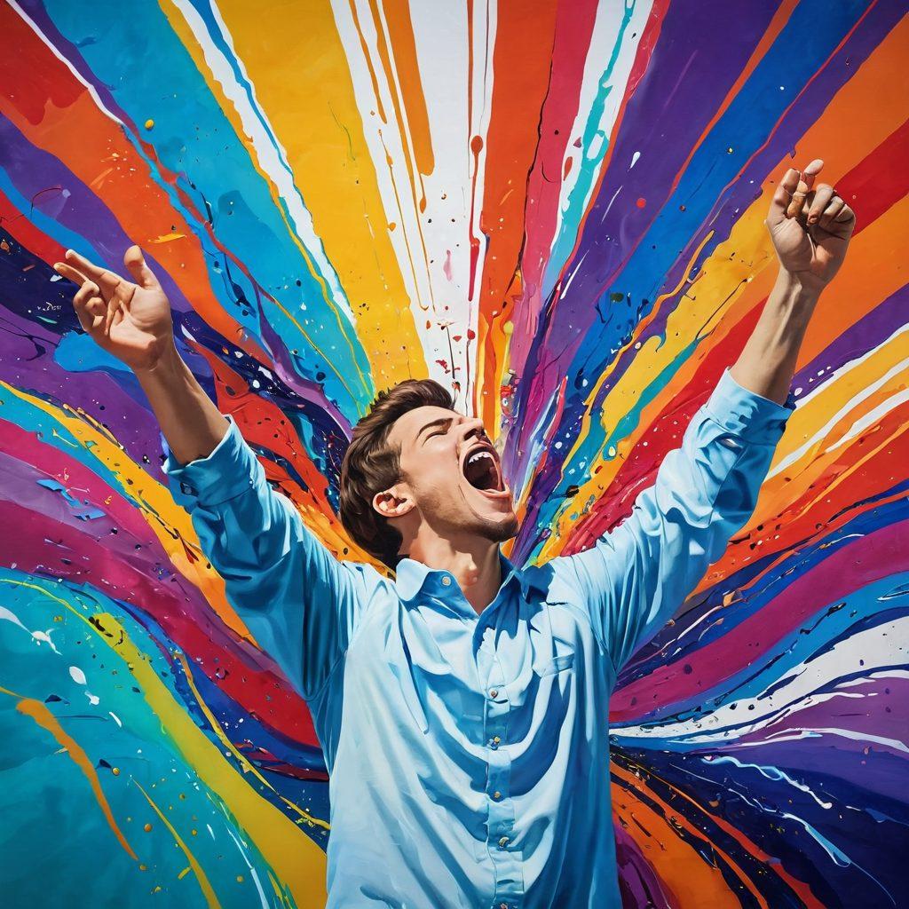 A vibrant, expressive scene depicting a person in a colorful, abstract space passionately shouting while colorful sound waves radiate around them, symbolizing the release of emotions through profanity. Include a contrasting calm background with gentle, soothing colors to represent the balance after venting. Incorporate elements like shattered glass or breaking chains to emphasize freedom from bottled emotions. Illustrate in a modern, dynamic painting style.