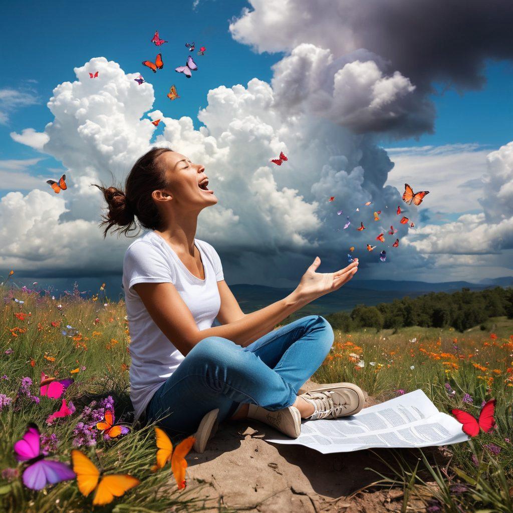 A person sitting cross-legged in a serene natural setting, joyfully shouting a mix of vibrant colorful swears that visually float around them like butterflies. Their expression is one of relief and liberation, contrasting the calm surroundings. Include elements symbolizing frustration like crumpled papers and dark clouds dissipating in the background. The scene should exude a sense of therapy and freedom. super-realistic. vibrant colors. ethereal background.
